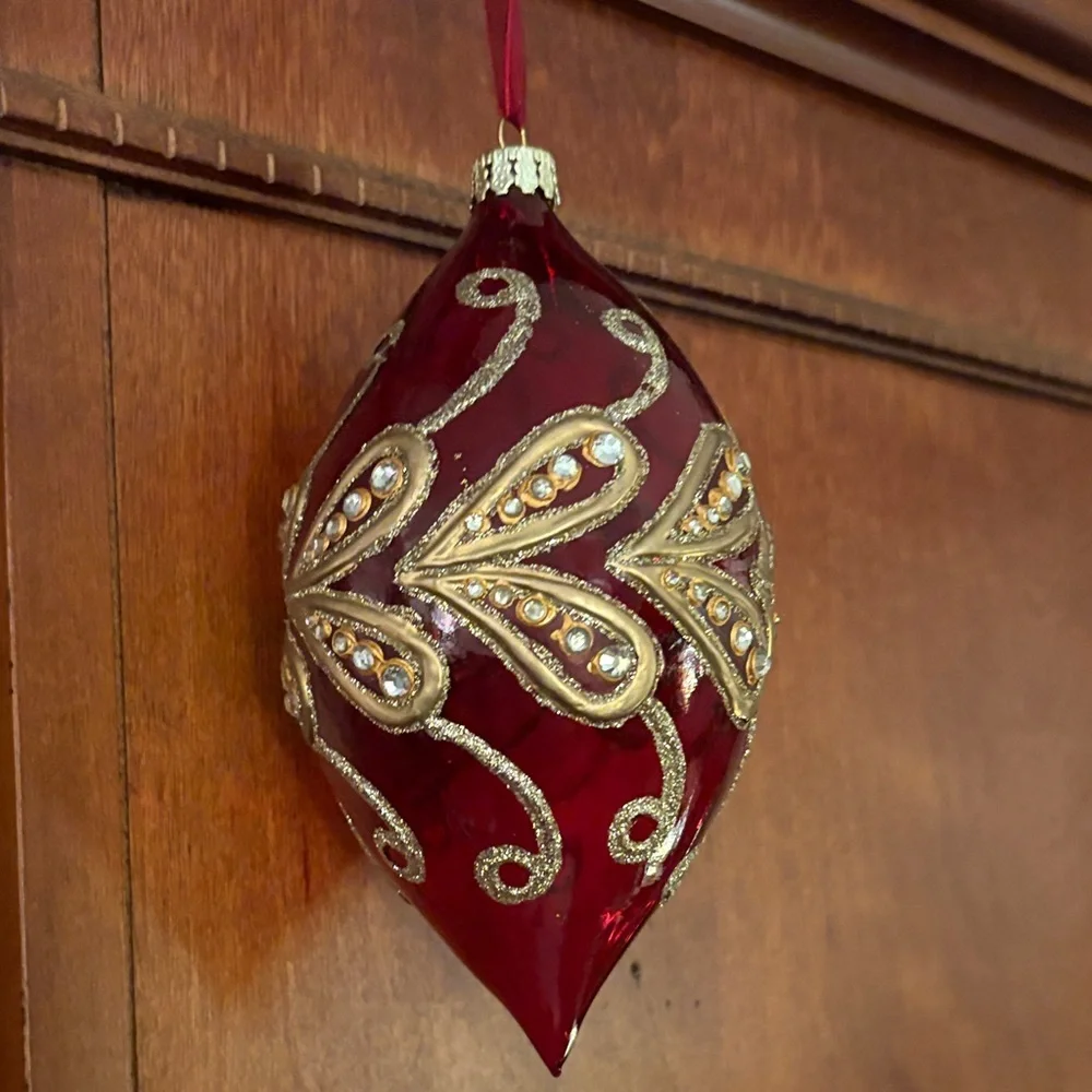 Holiday Glass Teardrop Ornament in Red with Gold Accents